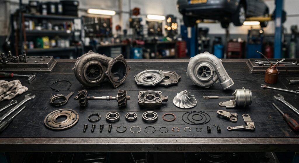 A high-angle, professional studio shot of a disassembled automotive turbocharger resting on a clean,