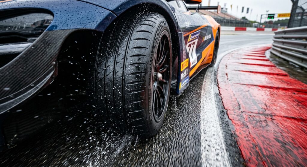 A high-angle close-up of a high-performance tire on a wet race track, sharp focus on the tread and w