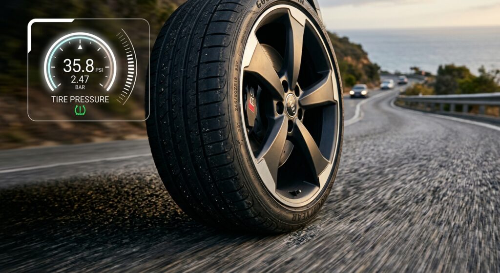 A professional close-up of a modern car tire on an asphalt road with a digital pressure gauge icon o