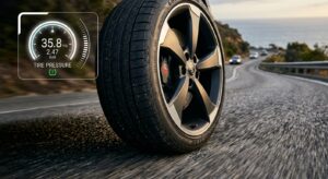 A professional close-up of a modern car tire on an asphalt road with a digital pressure gauge icon o