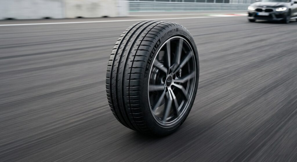 A high-angle, professional editorial shot of a modern car tire on clean asphalt with soft motion blu