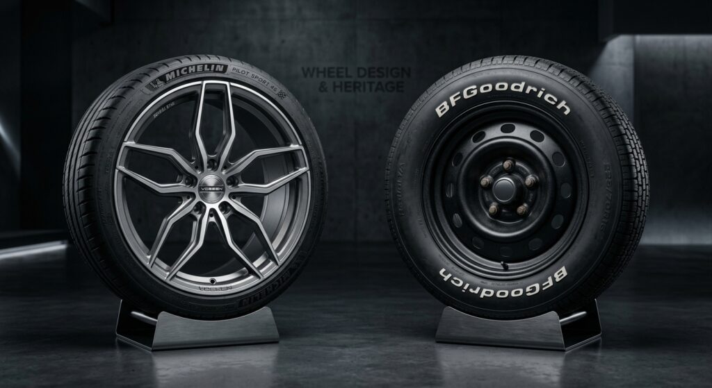 A high-end editorial shot comparing a sleek, modern aluminum alloy wheel and a classic black steel w