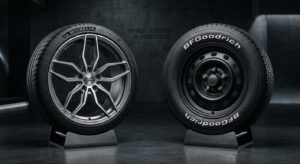 A high-end editorial shot comparing a sleek, modern aluminum alloy wheel and a classic black steel w