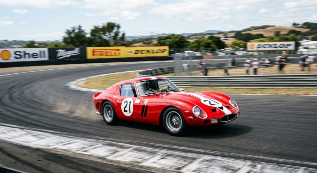 A dynamic panning shot of a vintage red racing car speeding around a professional asphalt racetrack,