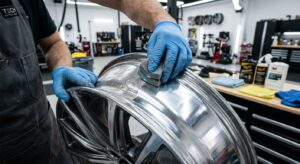 A professional, high-angle close-up shot of an automotive expert's hands meticulously polishing a me