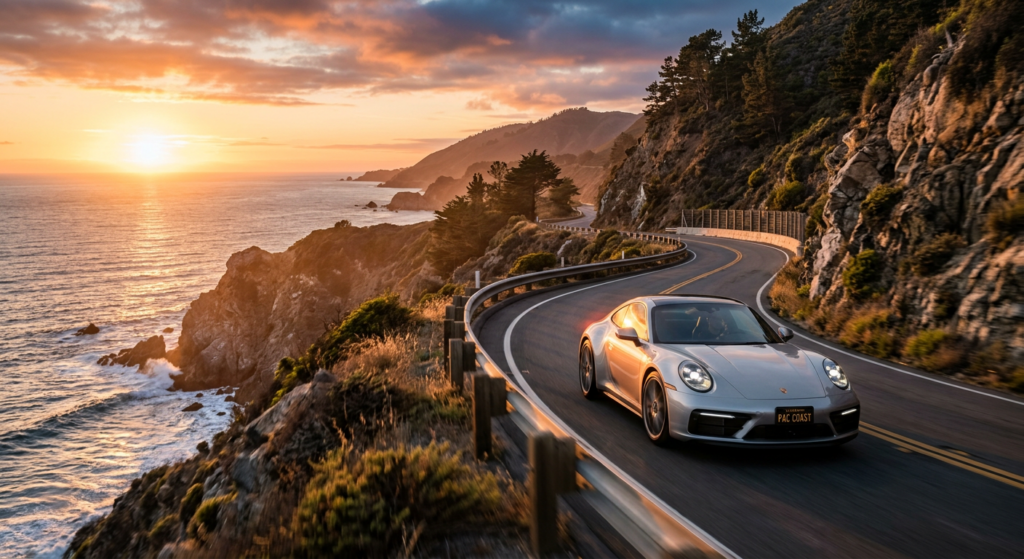 A sleek silver sports car driving along a winding coastal cliff road at golden hour, cinematic light