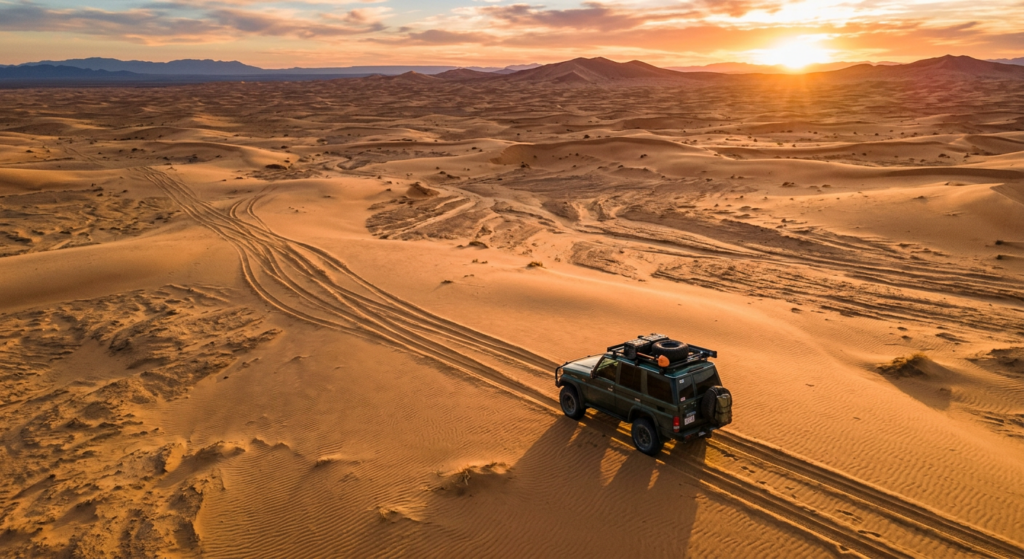An overhead aerial view of a rugged off-road SUV leaving tracks through a vast, sandy desert landsca