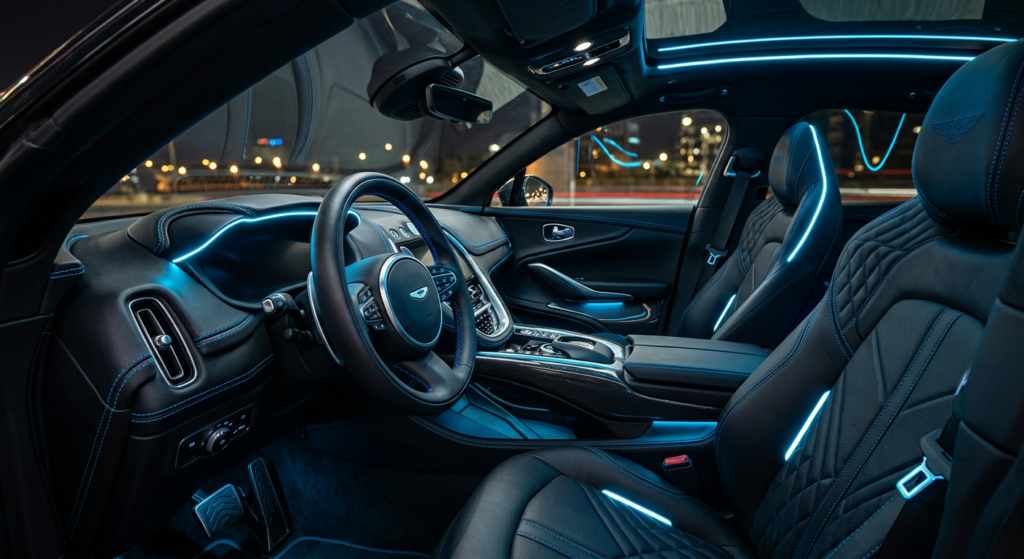 The interior of a luxury modern vehicle highlighting premium leather stitching and glowing neon ambi