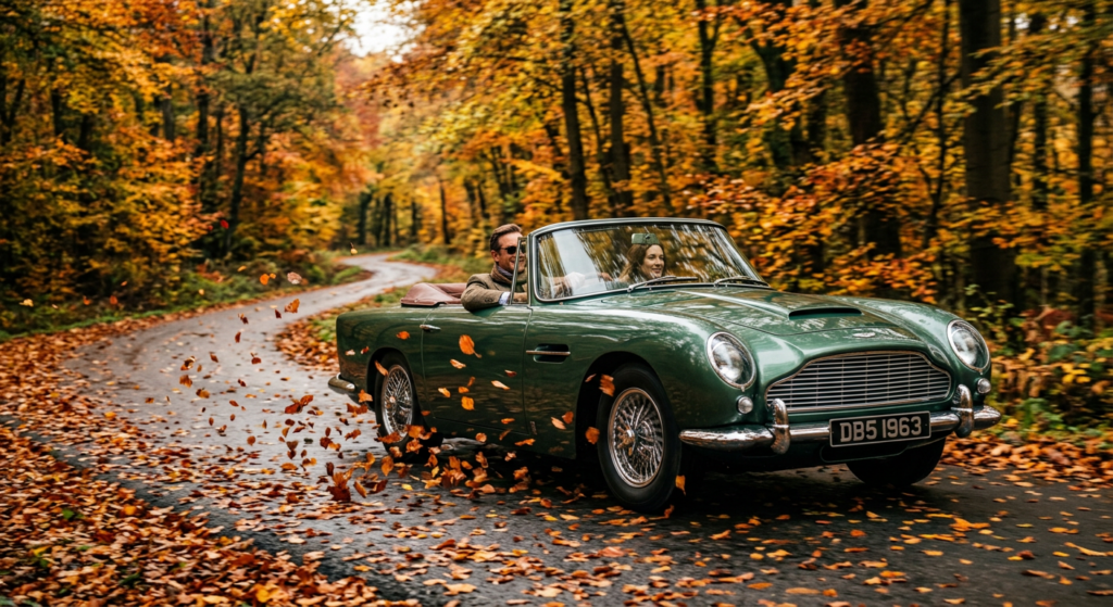 A classic convertible driving through a scenic autumnal forest road with fallen leaves captured in m