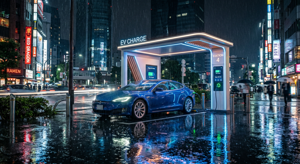 Electric car charging at a futuristic, minimalist charging station during a rainy night with vibrant