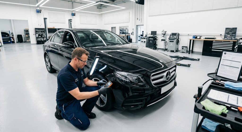 A professional, high-angle editorial shot of a pristine pre-owned car being inspected by a technicia