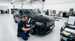 A professional, high-angle editorial shot of a pristine pre-owned car being inspected by a technicia