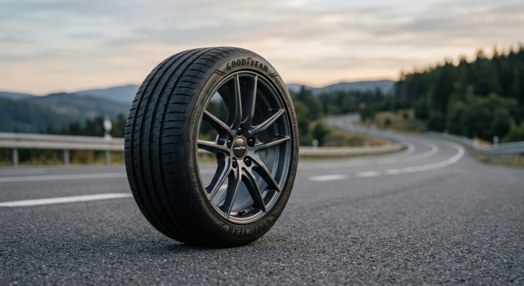 A high-quality, professional editorial shot of a modern car tire resting on a sleek asphalt road, fe