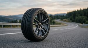 A high-quality, professional editorial shot of a modern car tire resting on a sleek asphalt road, fe