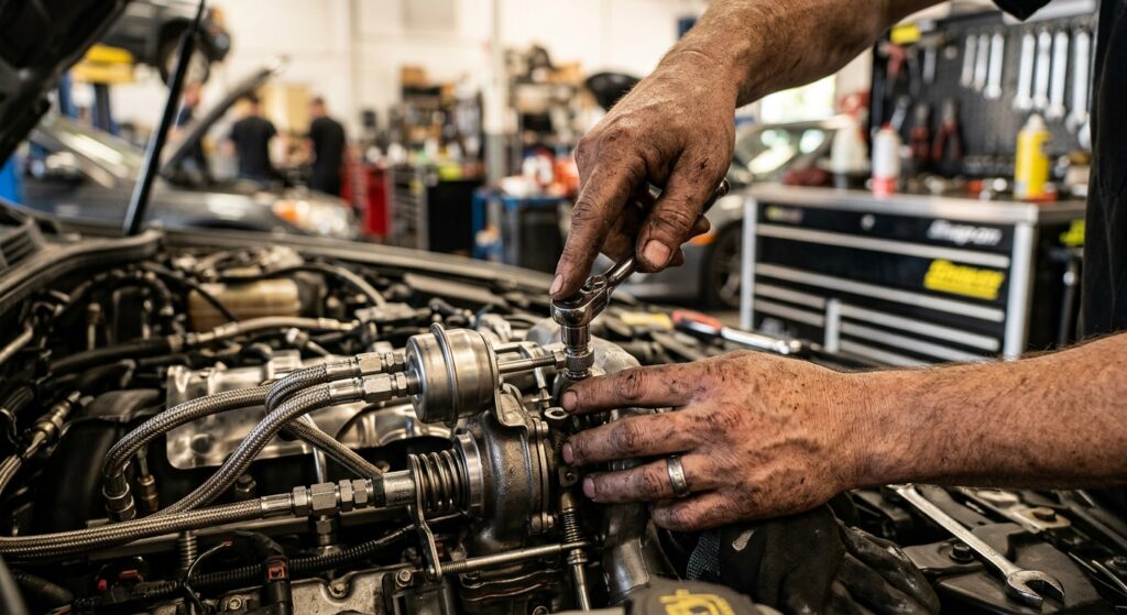 A close-up shot of a mechanic's hands adjusting a complex engine component with high-end tools, soft