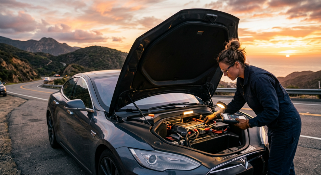 A high-quality, professional editorial shot of a modern car hood open on a scenic roadside at sunset