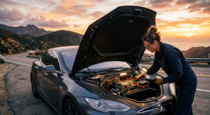 A high-quality, professional editorial shot of a modern car hood open on a scenic roadside at sunset