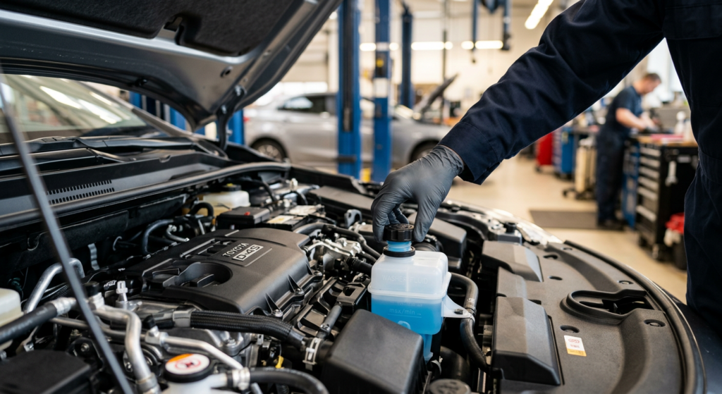 A professional, high-angle close-up of an open car hood with a mechanic's hand checking a fluid rese