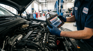 A professional, high-angle close-up of a mechanic's hands using a diagnostic scanner on an open mode