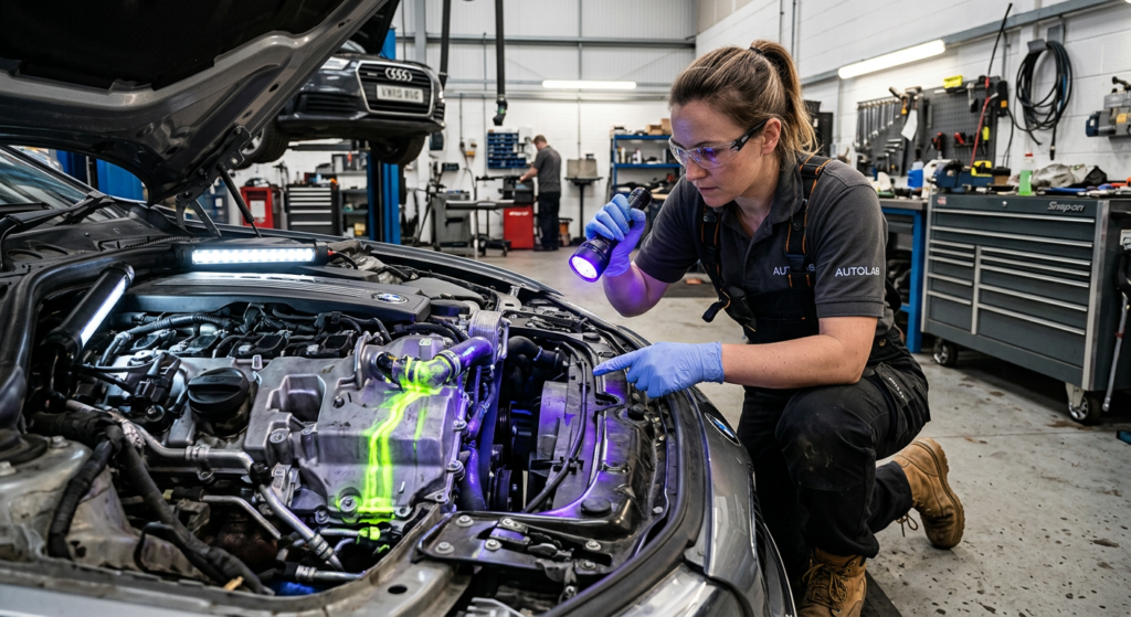 A high-quality, professional automotive workshop scene featuring a mechanic using a UV flashlight an