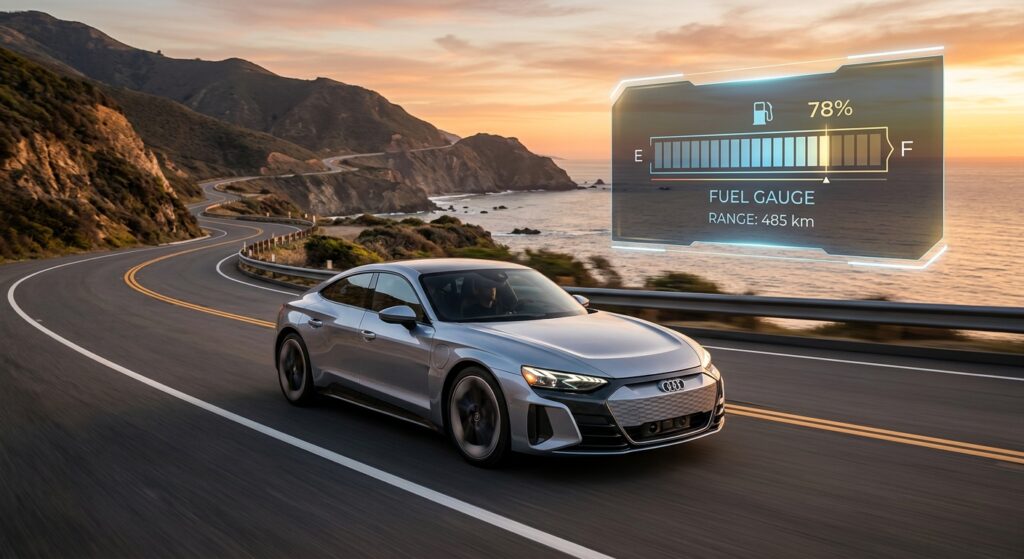 A sleek, modern car driving on a scenic road during golden hour with a fuel gauge display overlaid a